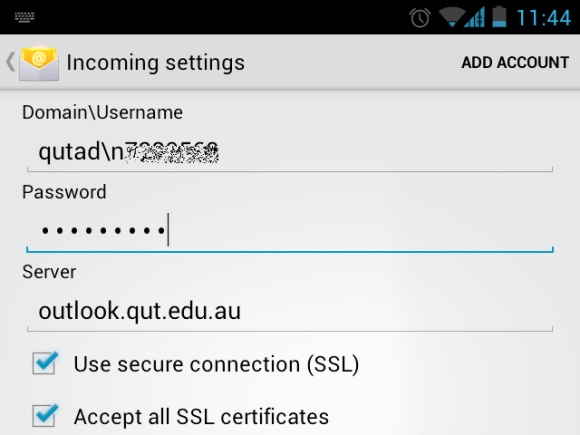 Android Outlook Exchange Email Settings for QUT HRD Student